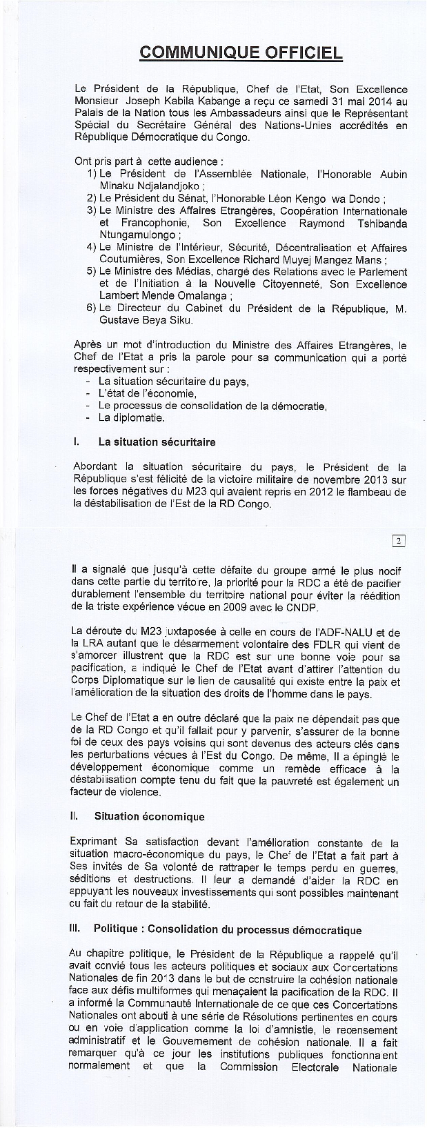KABILA CONVOQUE SANS PREAVIS LE CORPS DIPLOMATIQUE AU PALAIS DE LA NATION Communique-kabila-pag-1-et-2