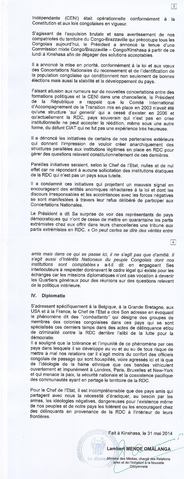 KABILA CONVOQUE SANS PREAVIS LE CORPS DIPLOMATIQUE AU PALAIS DE LA NATION Communique-kabila-pag-3-et-4