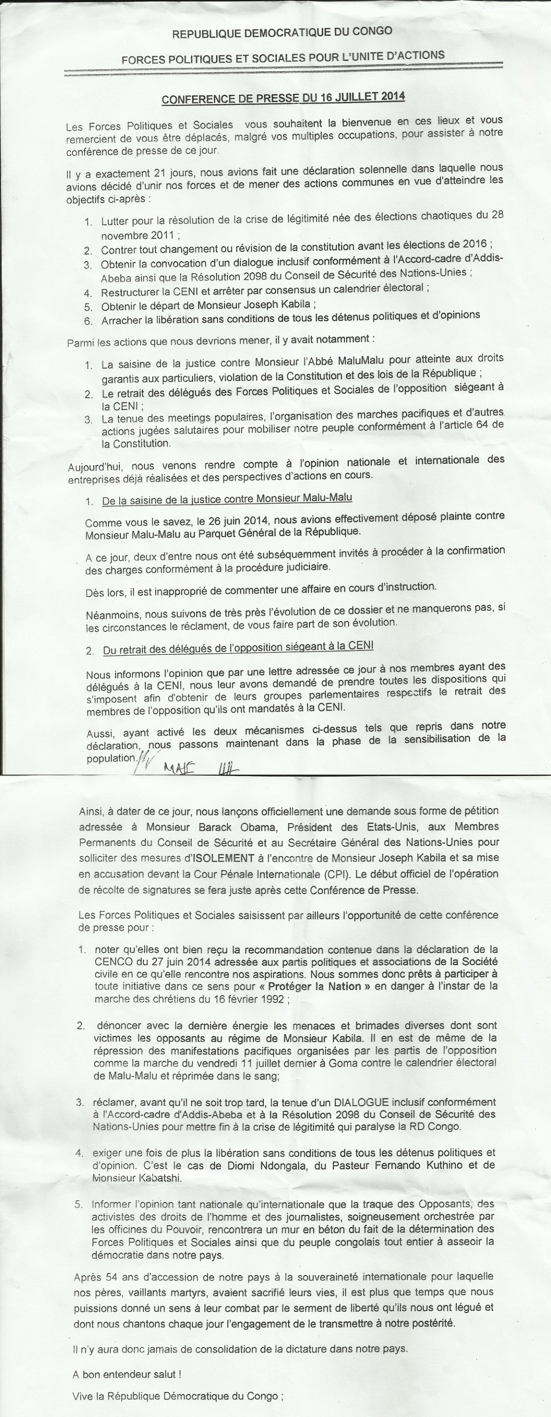 EUGENE DIOMI NDONGALA, LE PRISONNIER POLITIQUE DU REGIME KABILA - Page 23 Conference-de-presse16072014