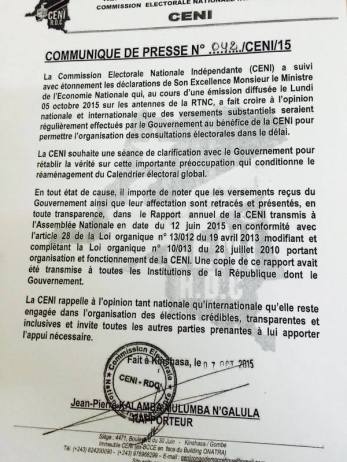 LA GUERRE DES CHIFFRES ENTRE GOUVERNEMENT DE LA RDC ET CENI EST DECLAREE. LA CENI DEMENT OFFICIELLEMENT DE RECEVOIR DE FONDS CONSEQUENTS CHAQUE MOIS POUR L’ ORGANISATION DES ELECTIONS Communique-ceni-oct-2015