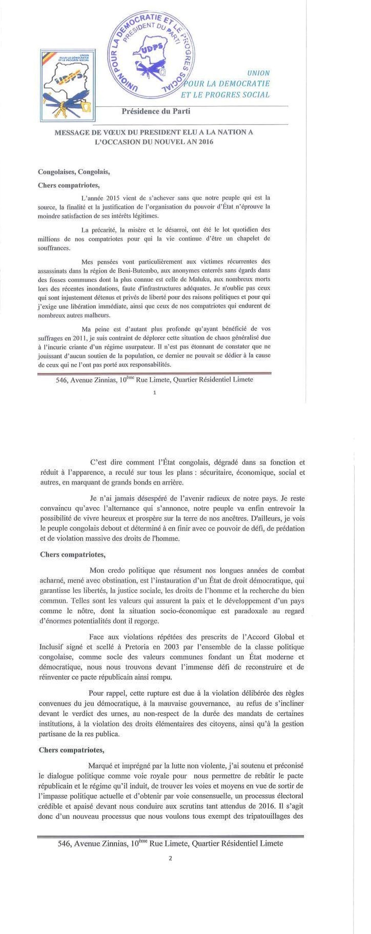 EUGENE DIOMI NDONGALA, LE PRISONNIER POLITIQUE DU REGIME KABILA - Page 39 Message-tshisekedi-1-et-2-01
