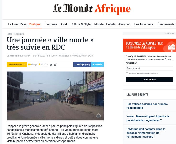 L'APPEL A LA "VILLE MORTE"  MASSIVEMENT SUIVI EN RDC: LES INFOS, LES IMAGES #yebela - MISES A JOUR CONTINUELLES Le-monde-160216