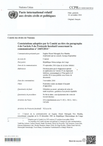 LA RDC EST EN VIOLATION DE LA LEGALITE INTERNATIONALE NE DONNANT PAS APPLICATION A LA DECISION CONTRAIGNANTE N° 2465/2014 DU COMITE DES DROITS DE L’HOMME DE L’ONU QUI EXIGE LA LIBERATION IMMEDIATE D’EUGENE DIOMI NDONGALA Decision-2465-2014-cdh-onu-page-1